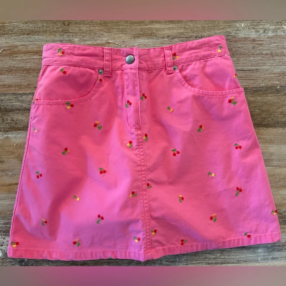 Gymboree Skort Skirt Girl's Pink A-Line Cherry Embroidery Size 12 Cotton